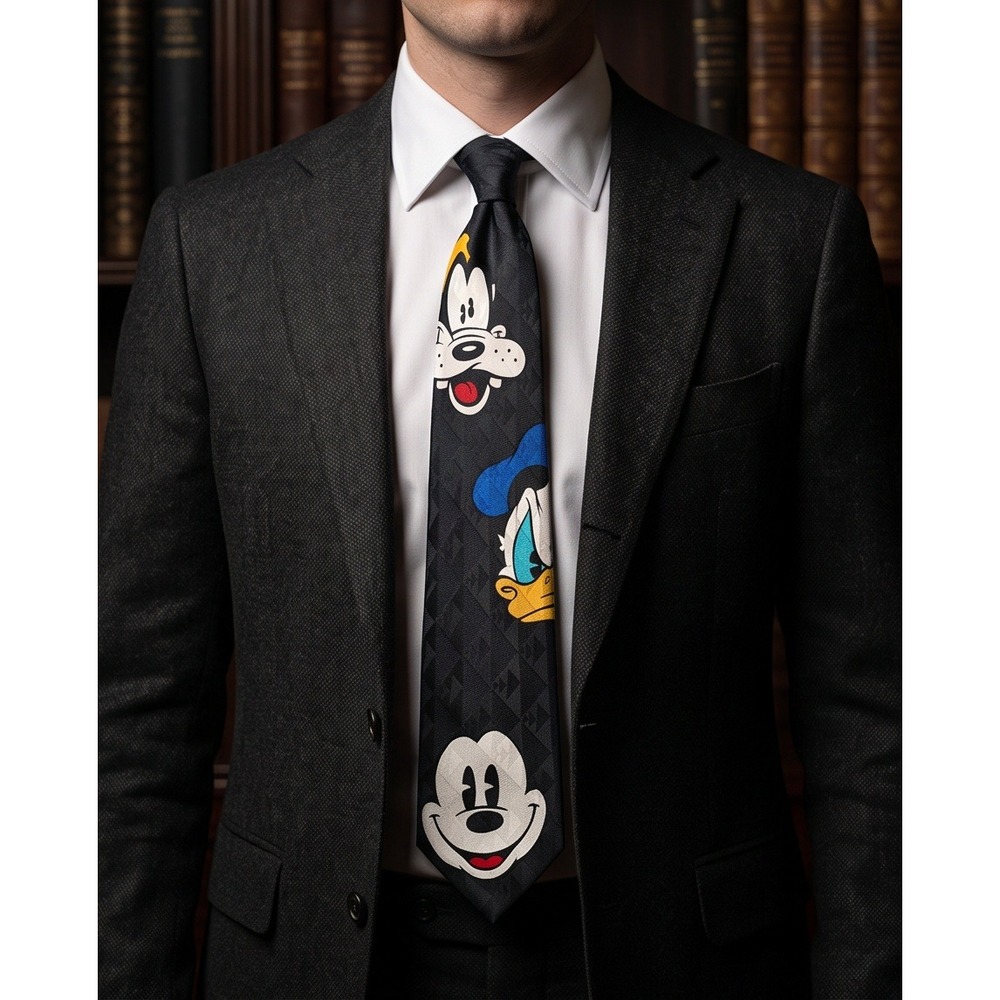 Disney Store Fab 3 Big Face Silk Necktie Mickey Donald Goofy Black Geometric NWT
